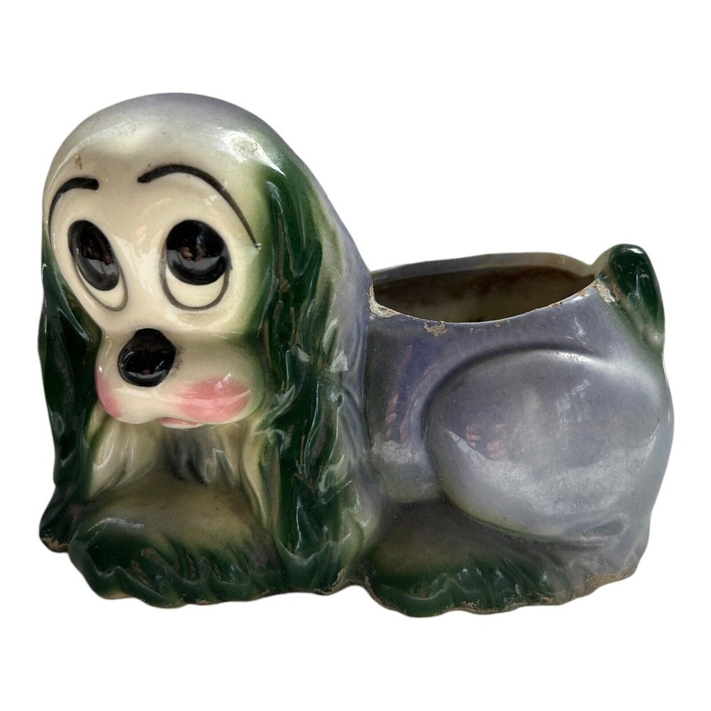 Vintage Hull Pottery Dog Puppy Glazed Planter Sad Eyes lavender‎ needs cleaning